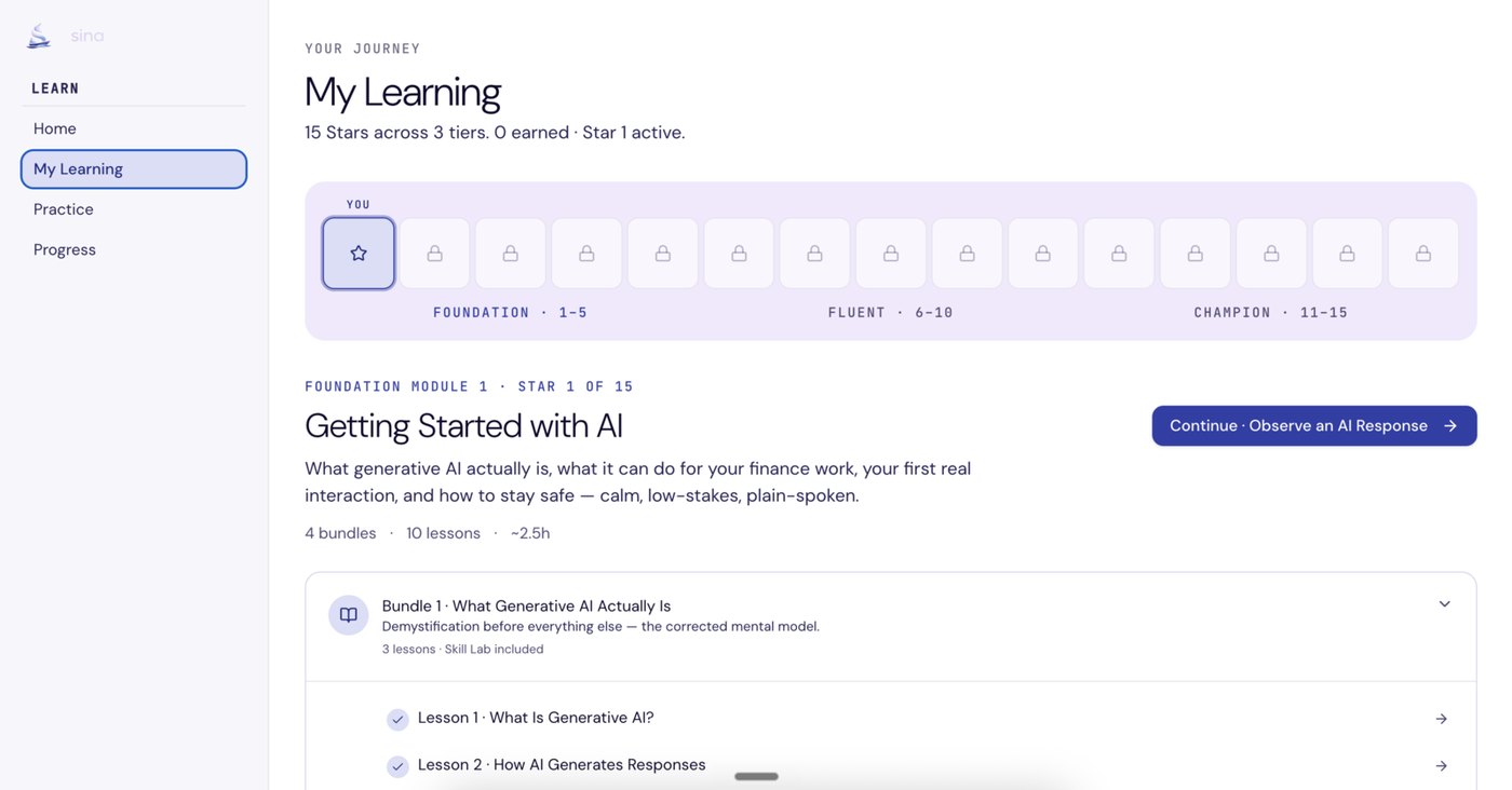 SINA learning platform: My Learning journey with the 15-star map across Foundation, Fluent, and Champion tiers