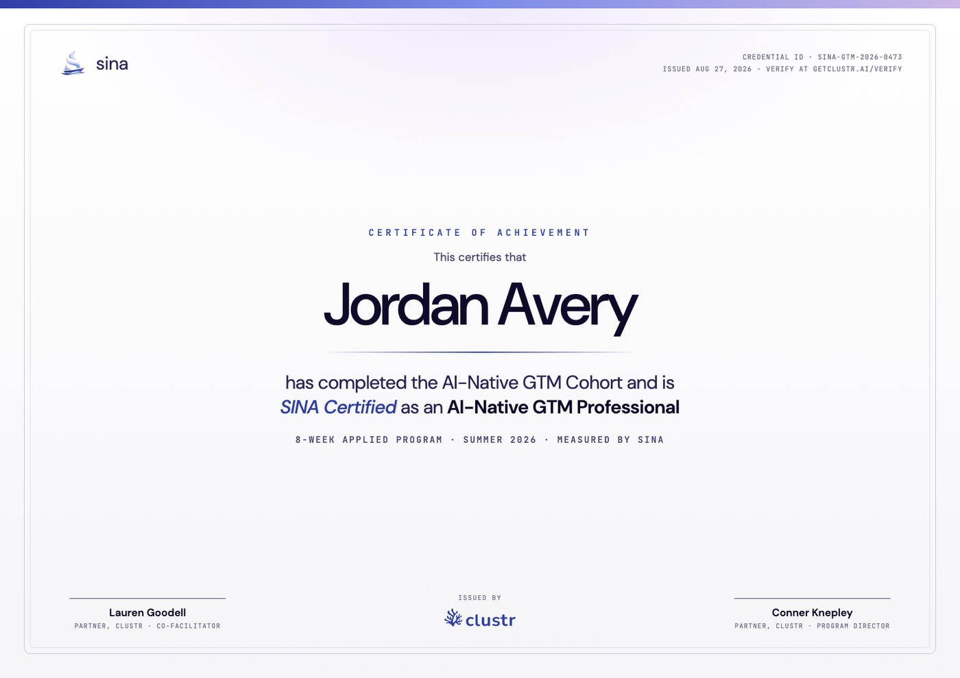Example SINA Certified AI-Native GTM Professional certificate showing a before-and-after literacy score across five dimensions